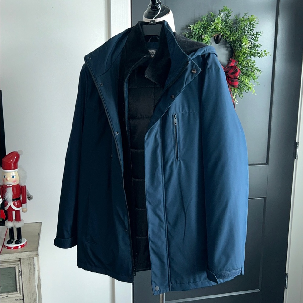 Men's L Kenneth Cole winter Navy with removable Hood Jacket black lining